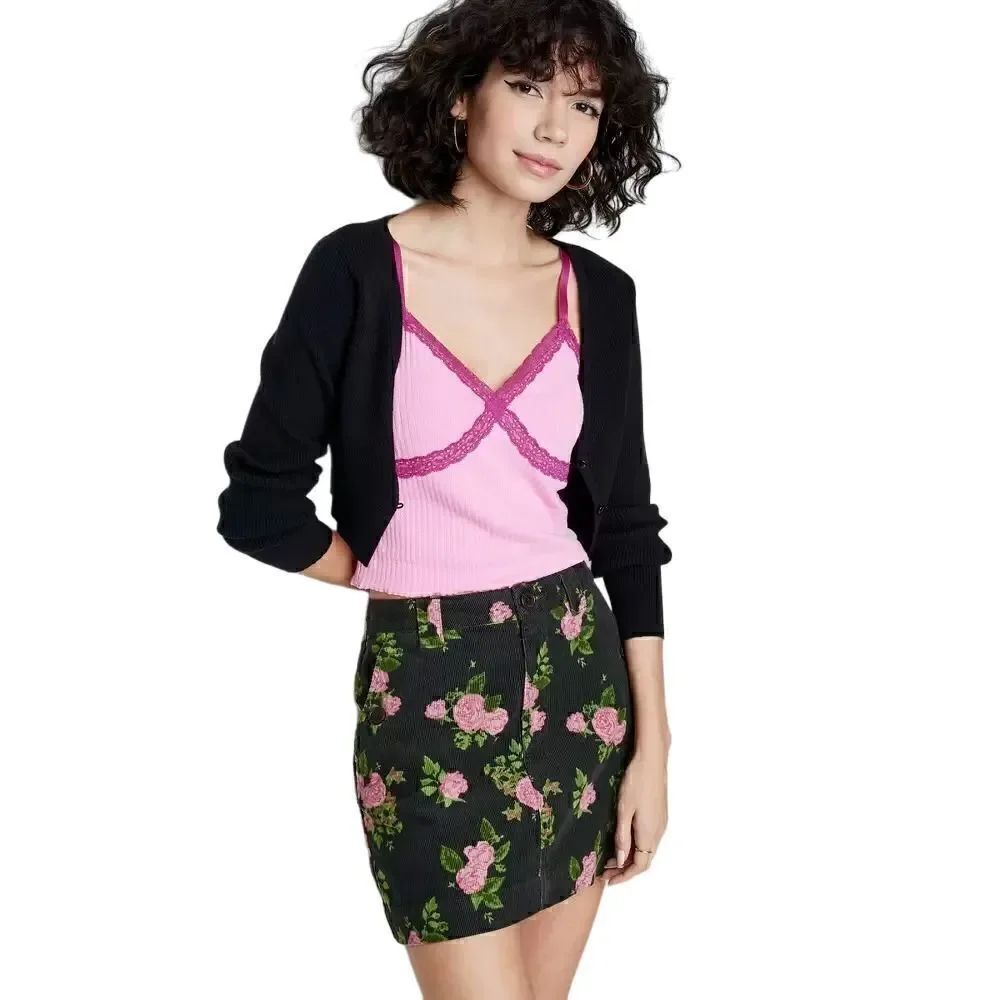 WILD FABLE Women's High-Rise Cord Mini Skirt - Black Floral Size 12